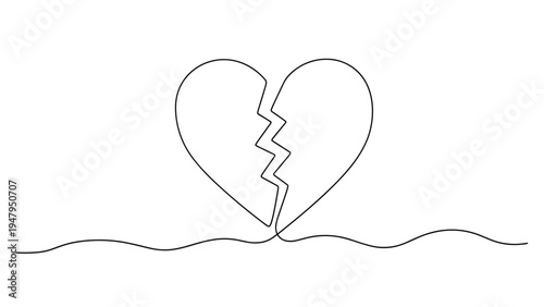 Expressive continuous line drawing of a broken heart shape on a horizontal line symbolizing sadness, heartbreak, and emotional pain in art.