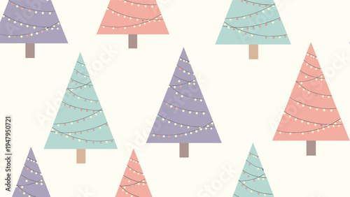 Playful seamless pattern of minimalist christmas trees in pastel colors like pink, blue, and purple decorated with glowing light strings.