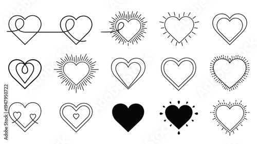 Comprehensive set of heart icons in various artistic styles including sunburst borders, solid fills, and intertwined lines for diverse design needs.