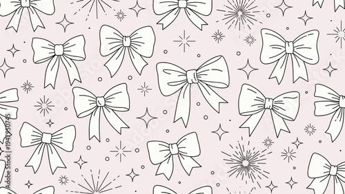 Cute seamless pattern featuring white ribbon bows and sparkling stars scattered on a soft pink background for feminine and celebratory designs.