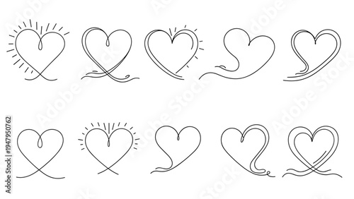 Creative collection of stylized heart icons and floral flourishes drawn in a fine line art style for elegant and minimalist romantic designs.