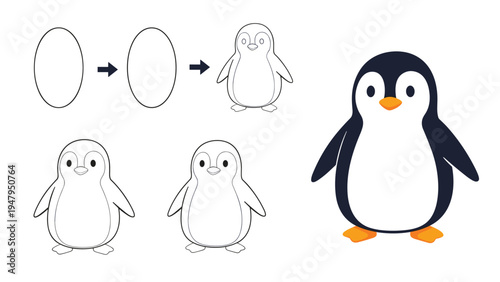 Educational step by step drawing tutorial showing how to create a cute cartoon penguin from simple oval shapes to a fully colored character.