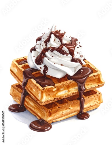 Illustration of two golden-brown, stacked breakfast pastries, topped with whipped cream and rich chocolate sauce. Droplets trickle down the sides