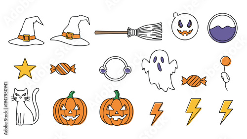 Spooky collection of halloween icons including pumpkins, witch hats, ghosts, a black cat, candies, and magic potions for holiday celebrations.