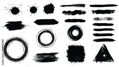 Dynamic collection of black ink splatters, artistic brush strokes, and grungy textures including circles and triangles for edgy graphic design.