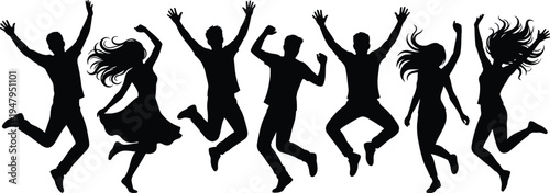 Collection of happy jumping people silhouettes, diverse group of men and women celebrating with success, joy, freedom, and active movement.
