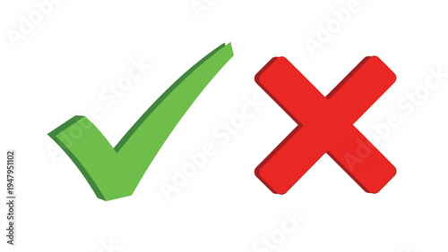 Large 3D green check mark and red cross symbols representing success and failure or right and wrong decisions for visual communication.