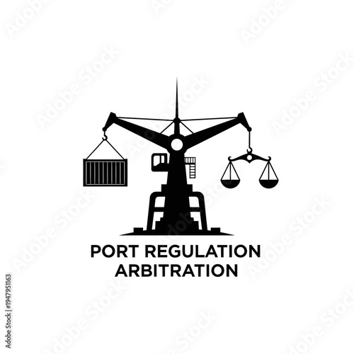 Minimalist Port Regulation Arbitration logo combining balance scales, a port crane, and a container, representing legal justice in maritime logistics on an isolated white background.