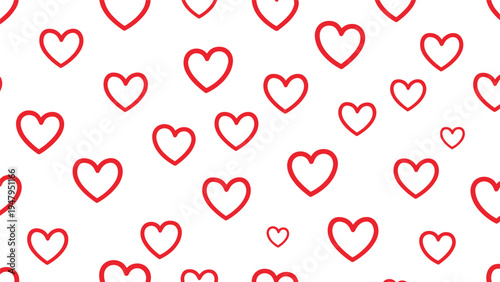 Simple and romantic seamless pattern featuring numerous small red heart outlines scattered across a clean white background for love themes.
