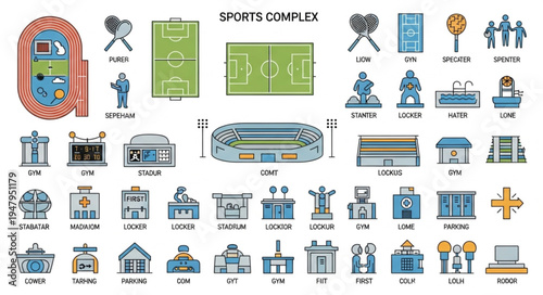 Sports Complex and Facilities Illustration Set with Various Venues.