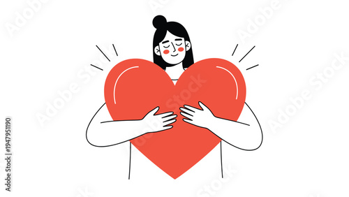 Sweet illustration of a girl with her eyes closed lovingly hugging a large red heart against a plain white background representing self love.