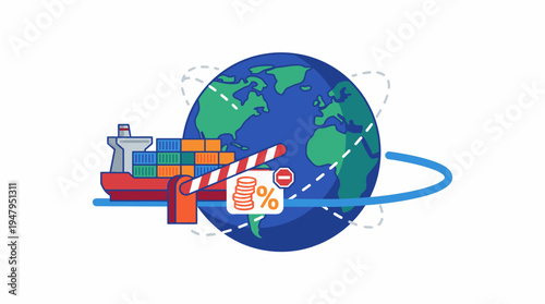Tariffs on Global Trade Blocking a Cargo Ship Loaded with Containers and Impacting International Commerce