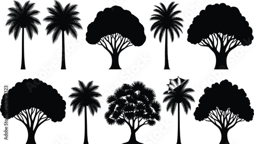 tree silhouette collection, tropical palm and forest trees set, botanical nature elements, isolated black landscape plants, vector illustration design pack