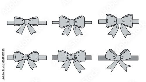 Set of six light grey decorative bows and ribbons in different shapes and styles for gift wrapping and invitation design.