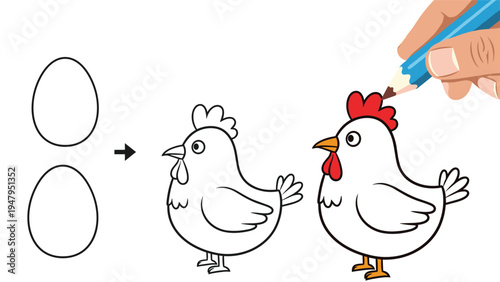 Educational step-by-step drawing guide showing how to create a cartoon chicken from simple oval shapes using a pencil.