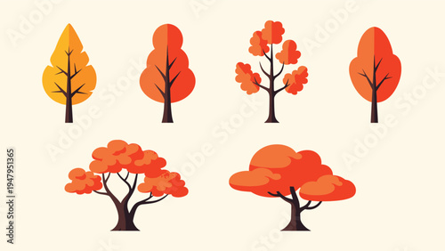Collection of stylized autumn trees in various shades of orange and yellow reflecting seasonal changes in nature.