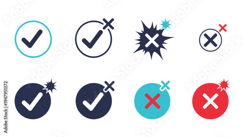 Set of creative check marks and cross symbols with splash and star effects for interactive feedback and validation.