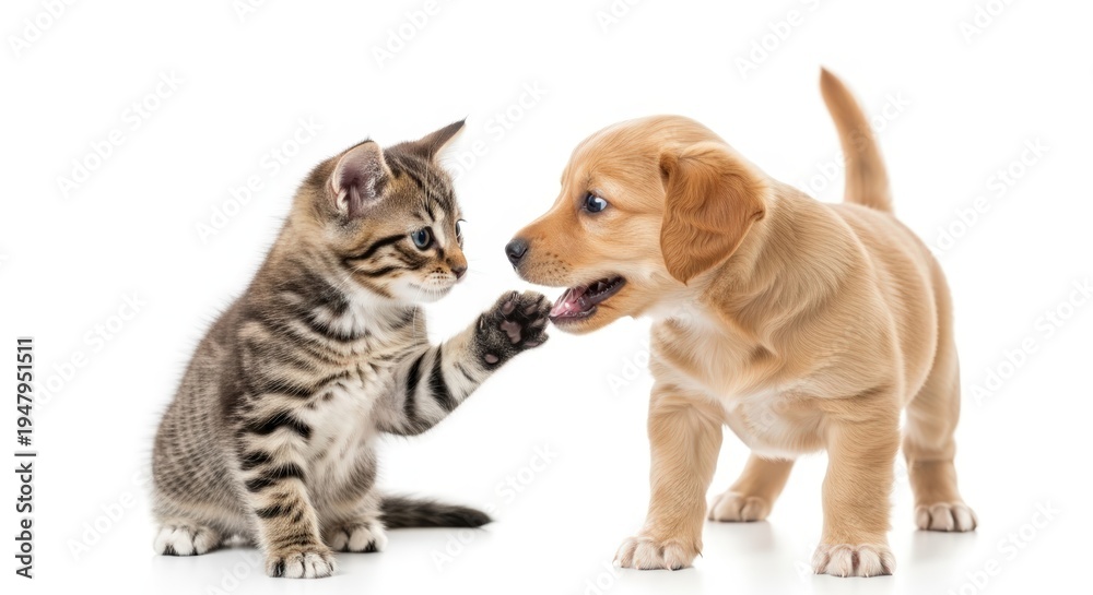 Fototapeta premium A playful tabby kitten gently touches a golden retriever puppy's nose on a clean white background.