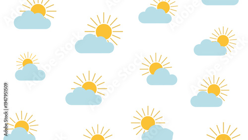 Seamless pattern featuring bright yellow suns peeking from behind soft blue clouds on a clean white background.