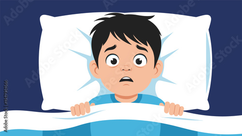 Illustration of a scared boy looking out from under the blankets in a dark room at night with fear in his eyes.