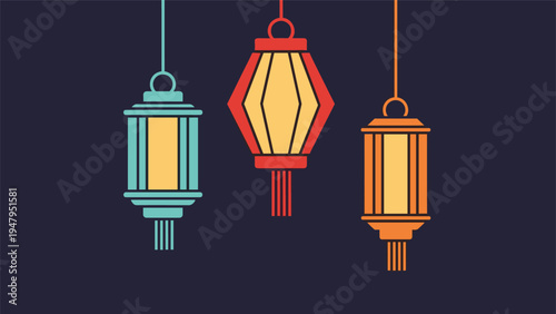 Three traditional hanging lanterns in teal, orange, and red colors against a dark blue background for festivals.