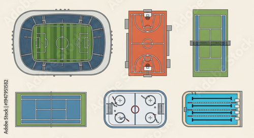 Diverse Sports Fields and Courts - Top-Down Views of Athletic Venues.