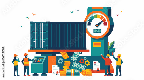 Shipping Container Cost and Import Duty Gauge with Workers and Money