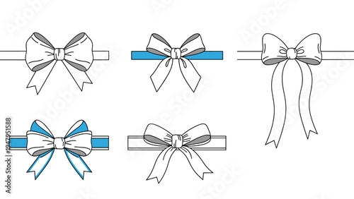 Set of six white decorative bows and ribbons with blue accent stripes in various sizes and styles for gifts.