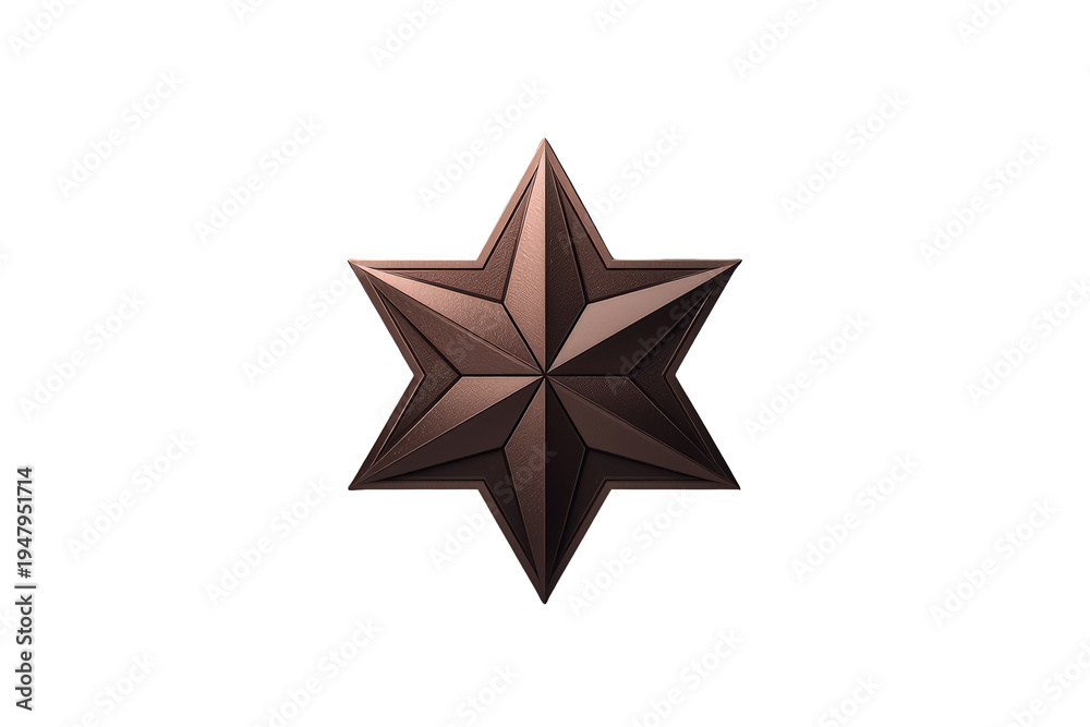 Obraz premium Copper-colored six-pointed star displaying a modern, geometric design and brushed metal texture. Transparent background