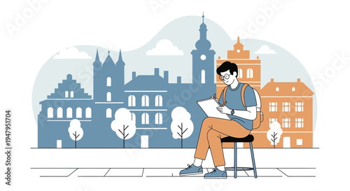 Artist sketching cityscape, urban scene, creative hobby, travel inspiration