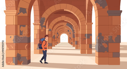 Backpacker exploring ancient stone arches, perspective view, travel and adventure
