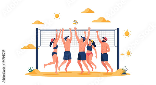 Beach Volleyball Game: Diverse Group Playing Actively on Sandy Court with Net