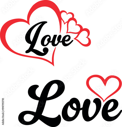 Romantic Love Text Calligraphy with Decorative Heart Shapes