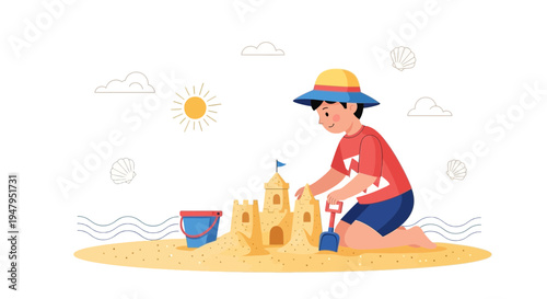 Boy building sandcastle on beach with bucket and shovel, summer vacation fun