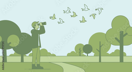 Birdwatcher observing flock of birds in park with binoculars, nature hobby, outdoor activity