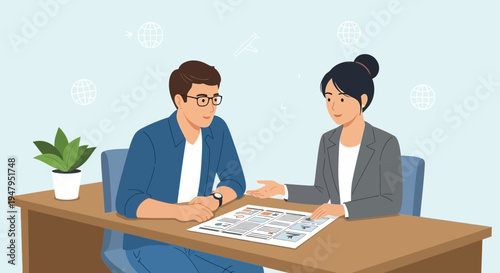 Business meeting: man and woman discussing document at office desk, global connection concept