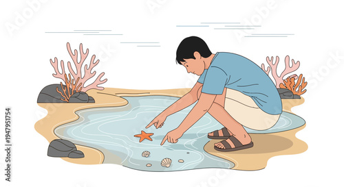 Boy exploring tide pool with starfish and shells on sandy beach, coral reef background