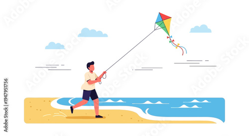 Boy running on beach flying colorful kite, summer vacation, outdoor leisure activity