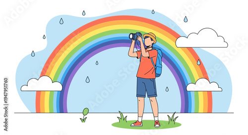 Boy with binoculars looking at rainbow after rain, adventure and discovery concept