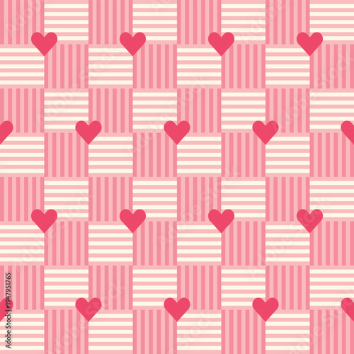 A vector seamless pattern featuring a pink checkerboard with red hearts