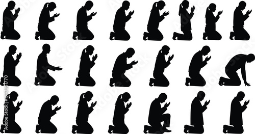 Black silhouettes of people kneeling in prayer and meditation positions set of man and woman figures praying on white background