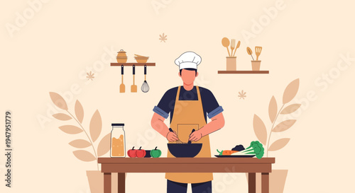 Chef preparing healthy food in kitchen, mixing salad in bowl, fresh vegetables on table