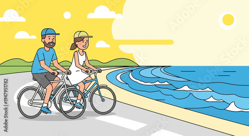 Couple Cycling by the Ocean on a Sunny Day