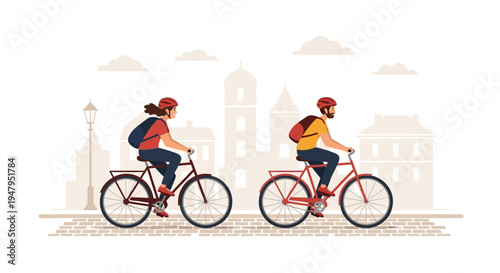 Couple cycling in city street with historic buildings background, urban lifestyle
