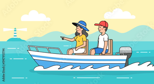 Couple enjoys boat trip on sunny day, pointing towards lighthouse, summer vacation travel.