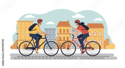 Couple cycling together on city street with buildings and trees, active lifestyle