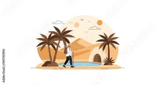 Desert Oasis Adventure: Traveler with Backpack Walks Past Palm Trees to Cave Entrance