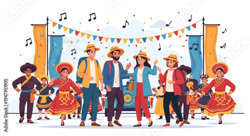 Diverse group celebrating festival with music and dance, colorful costumes, joyful atmosphere