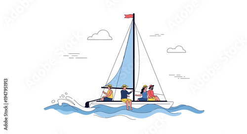 Diverse group of friends enjoying a sunny day sailing on a calm blue sea, leisure activity