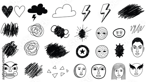 Large collection of hand-drawn scribbles, doodles, icons, and faces on a white background for creative journaling and abstract art.